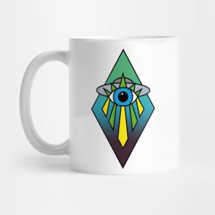 UFO Eye Art Deco Geometric Diamond Shape Dark Green Blue Sea Sky Space Illuminati Pyramid Mug